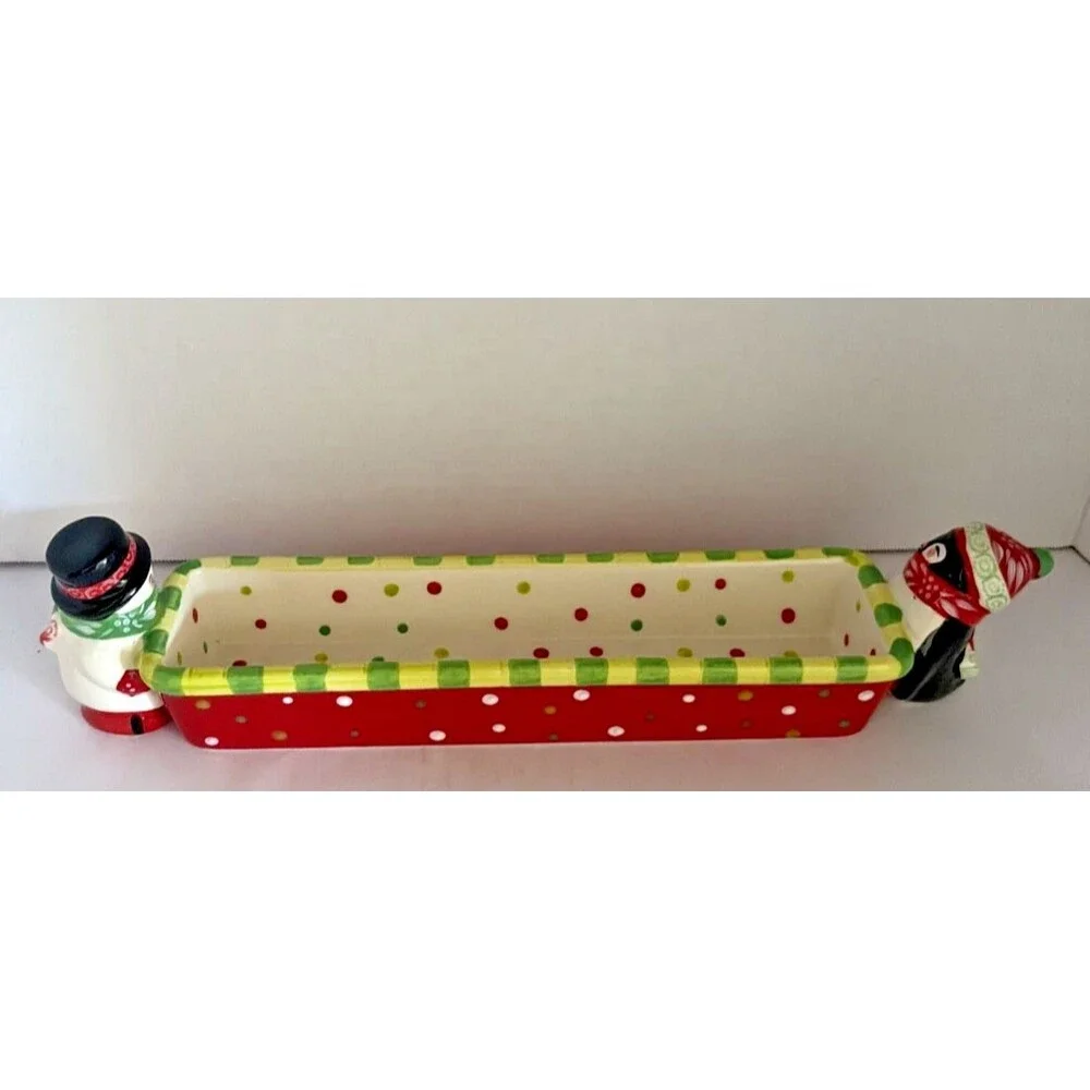 Temp-tations Winter Whimsy Holiday Ceramic Cracker Tray Snowman Penguin 12